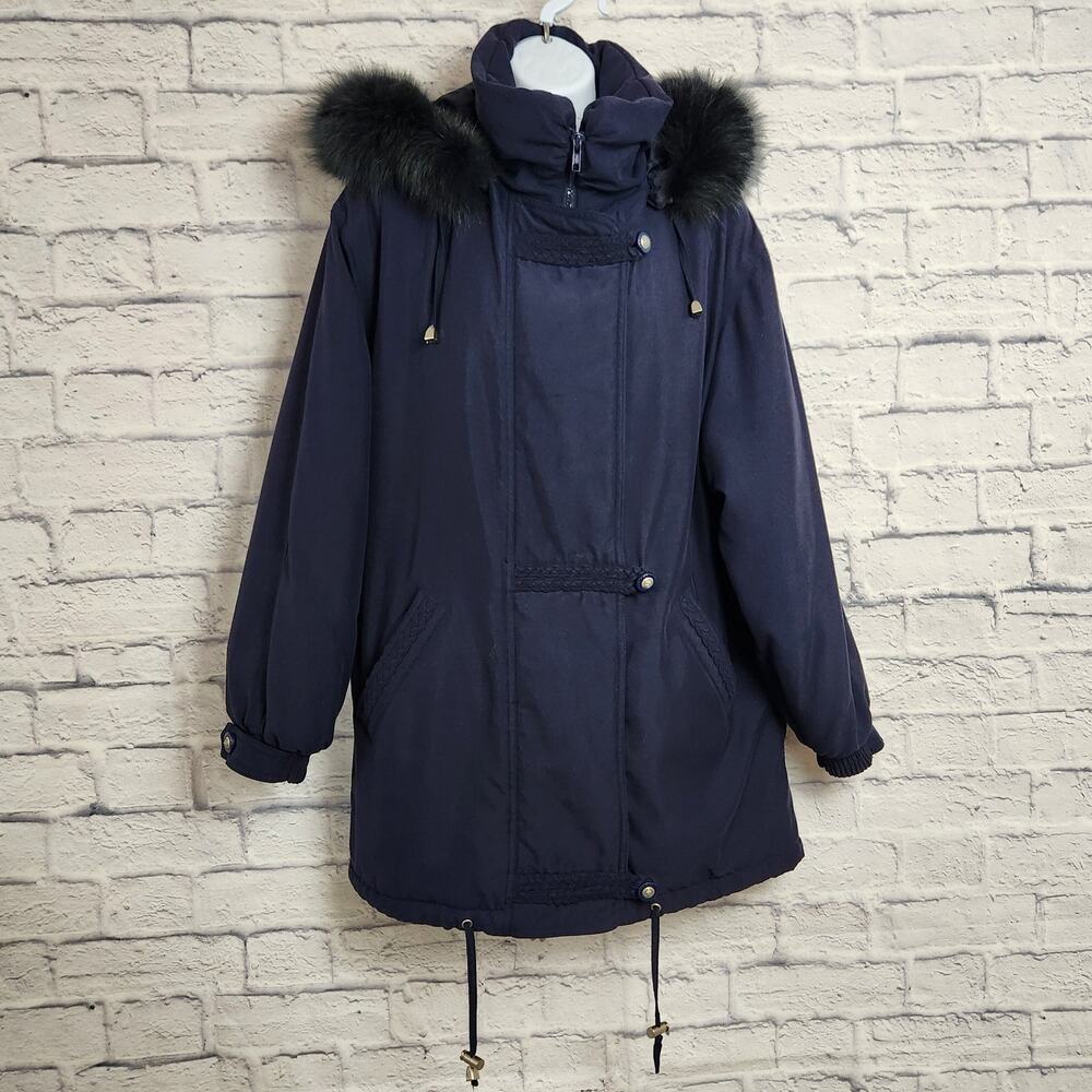 Vintage Innovations by Izzi Coat Women Size Small Parka Navy Blue Removable Hood